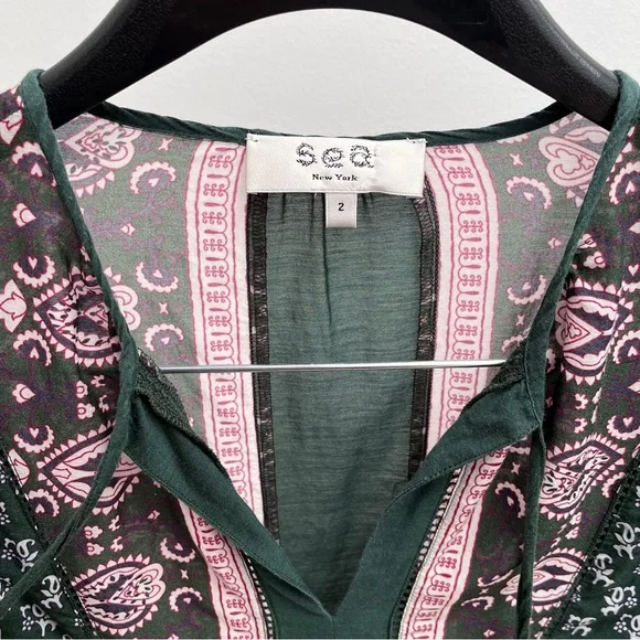 Sea New York NY blouse green pattern cotton top tassels boho bohemian India 2 XS - Picture 5 of 10
